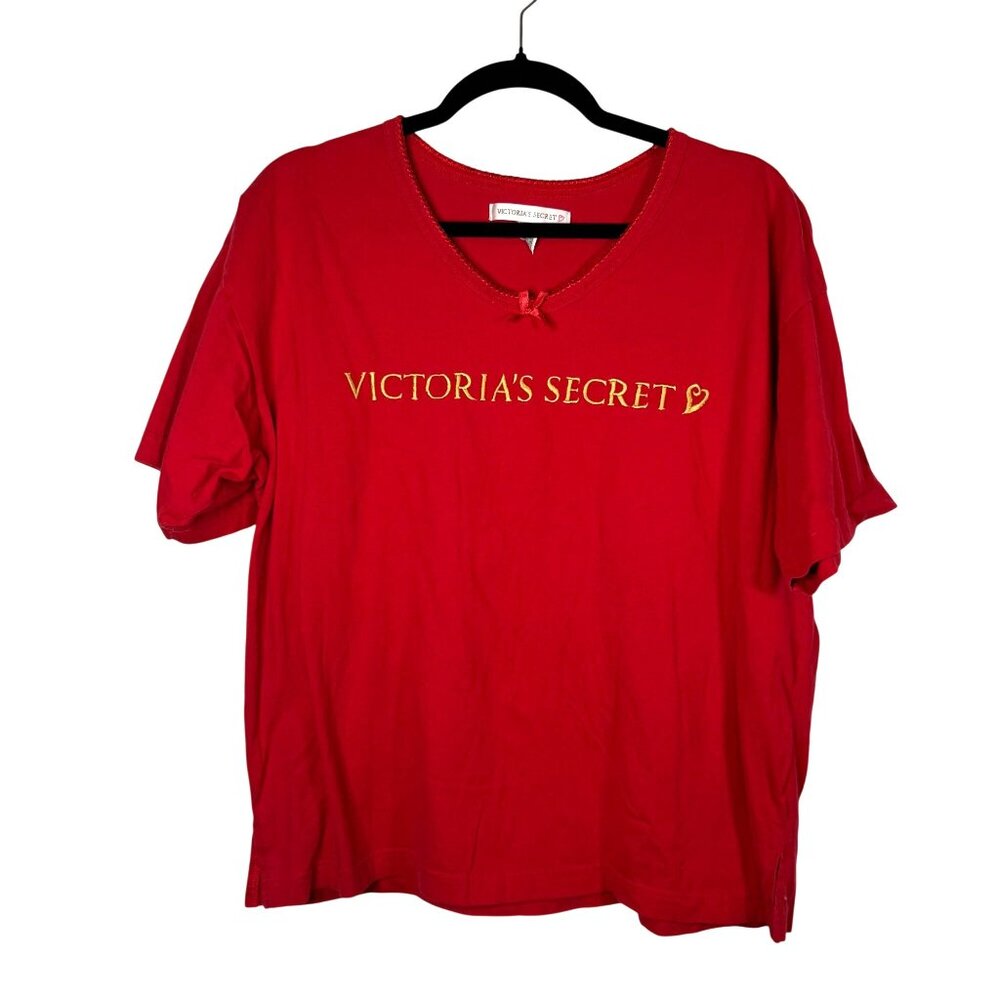Victorias Secret Red Embroidered Logo Bow Accent T-Shirt Size M Trendy Feminine
